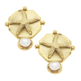 Gold Starfish Intaglio with Hand Set Genuine Freshwater Pearl Earrings
